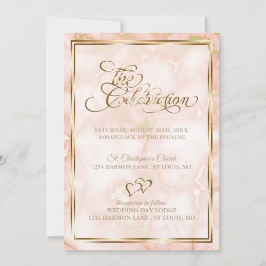 の結婚バラと金ゴールド大理石華美書道 招待状 (裏面)