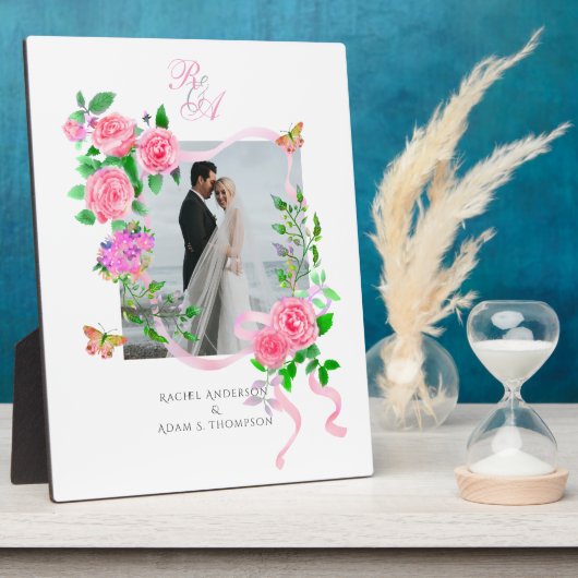 の結婚バラエレガントリボンピンクのプラーク フォトプラーク (側面)