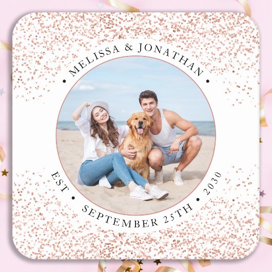 の結婚バラパーソナライズされた金ゴールドグリッター写真 スクエアペーパーコースター