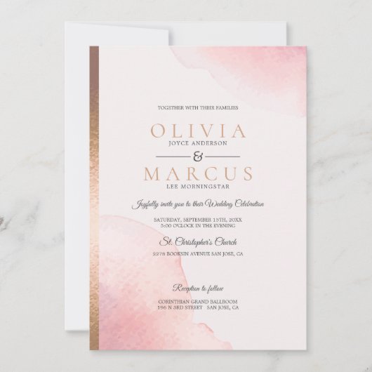 の結婚バラモダンピンクの水の色のスプラッシュ 招待状 (正面)