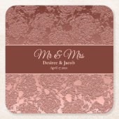 の結婚バラモダン金ゴールドピンクブルゴーニュフローラ スクエアペーパーコースター (正面)