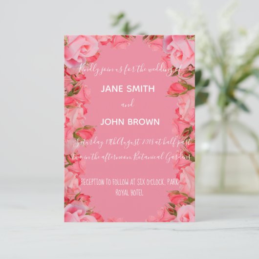 の結婚バラ伝統的フローラとピンクテーマ 招待状 (スタンド正面)