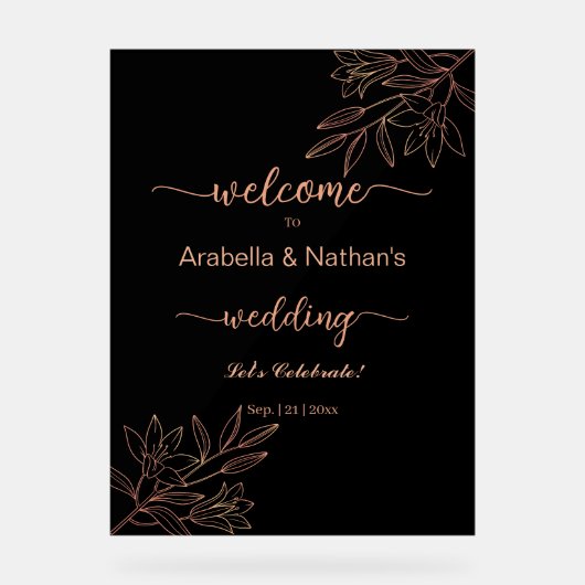 の結婚バラ金ゴールドとブラックフローラエレガント歓迎 アクリルサイン (正面)