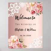 の結婚バラ金ゴールド花模様歓迎サイン ポスター (正面)