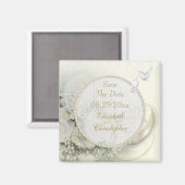 の結婚バンド、バラ、鳩&レース日付を保存 マグネット (正面/裏面)