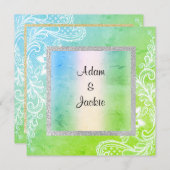 の結婚パステルレース新結婚緑ブルー 招待状 (正面/裏面)