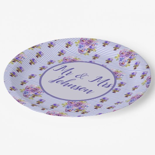 の結婚パンシー紫薄紫ヴィンテージフローラ花 ペーパープレート (アングル)