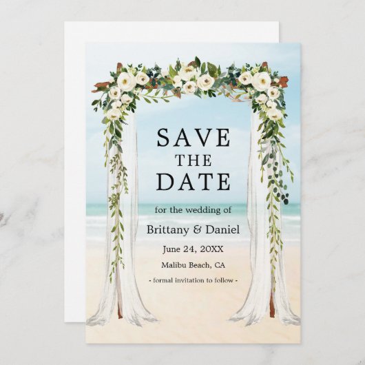 の結婚ビーチキャノピー水の色の緑の白フローラ セーブザデート (正面/裏面)