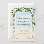 の結婚ビーチキャノピー水の色の緑の白フローラ 招待状 (正面/裏面)