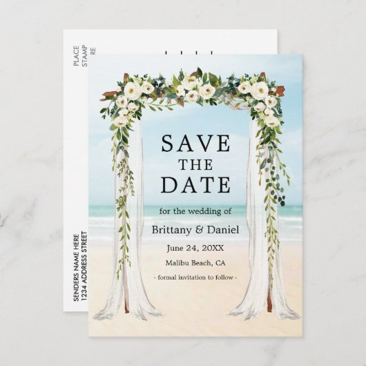 の結婚ビーチキャノピー水の色の緑の白フローラ 案内ポストカード (正面/裏面)