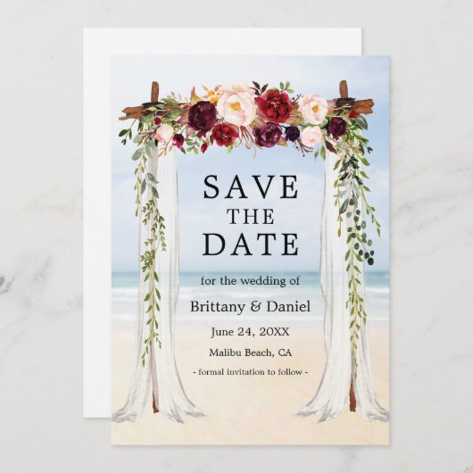 の結婚ビーチキャノピー水の色バーガンディフローラ セーブザデート (正面/裏面)