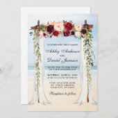 の結婚ビーチキャノピー水の色バーガンディフローラ 招待状 (正面/裏面)