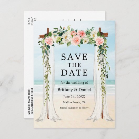 の結婚ビーチキャノピー水の色ピンク白フローラ 案内ポストカード (正面/裏面)