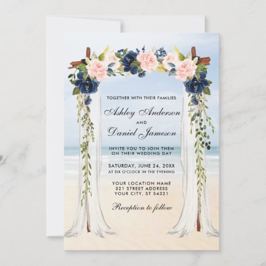の結婚ビーチキャノピー水彩ピンクブルーフローラ 招待状 (正面)
