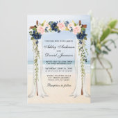 の結婚ビーチキャノピー水彩ピンクブルーフローラ 招待状 (スタンド正面)