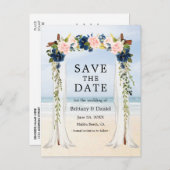 の結婚ビーチキャノピー水彩ピンクブルーフローラ 案内ポストカード (正面/裏面)