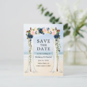 の結婚ビーチキャノピー水彩ピンクブルーフローラ 案内ポストカード (スタンド正面)