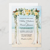 の結婚ビーチキャノピー水色フローラ黄色金ゴールド 招待状 (正面/裏面)