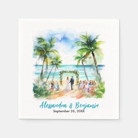 の結婚ビーチ水彩結婚式 スタンダードカクテルナプキン (正面)
