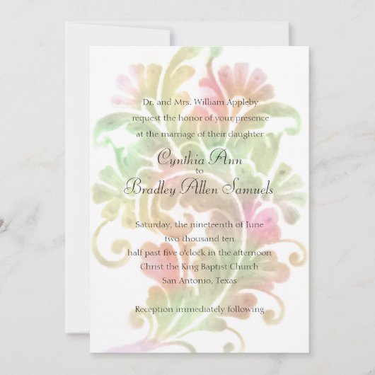 の結婚ピンクと緑の水色プルーム 招待状 (正面)
