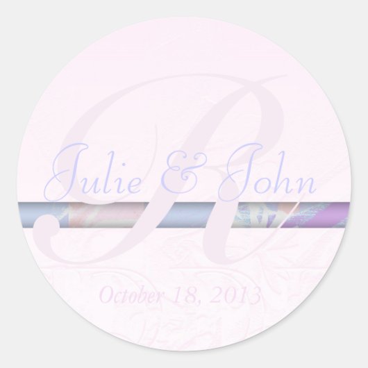 の結婚ピンクのシルクダマスク花モノグラムシール ラウンドシール (正面)