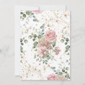 の結婚ピンクのバラは緑と金ゴールドグリッターを売った 招待状 (裏面)