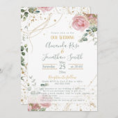 の結婚ピンクのバラは緑と金ゴールドグリッターを売った 招待状 (正面/裏面)
