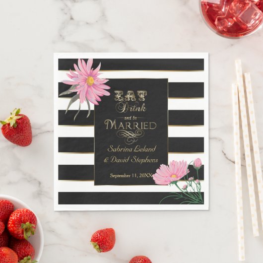 の結婚ピンクのフローラはっきりした白黒のストライプ スタンダードランチョンナプキン (インサイチュ)