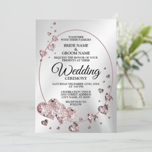 の結婚ピンクの桃の光沢のあるハート幾何学的エレガント 招待状 (スタンド正面)