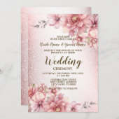 の結婚ピンクの水色の花光沢のあるグリッター 招待状 (正面/裏面)