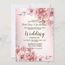 の結婚ピンクの水色の花光沢のあるグリッター 招待状