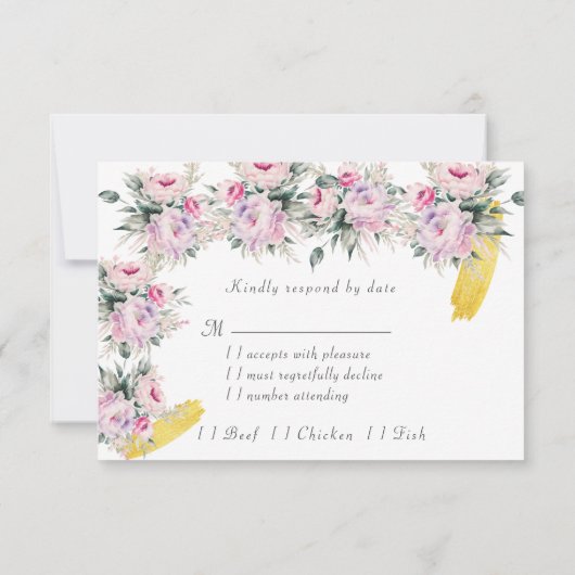 の結婚ピンクの牡丹の応答カード (裏面)