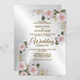 の結婚ピンクの白フローラ銀素朴色 招待状