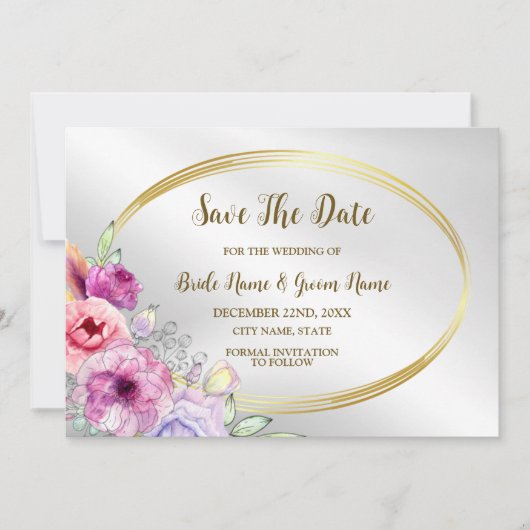 の結婚ピンクカラフルフローラゴールデンフレームエレガント セーブザデート (正面)