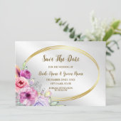 の結婚ピンクカラフルフローラゴールデンフレームエレガント セーブザデート (スタンド正面)