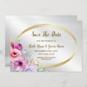 の結婚ピンクカラフルフローラゴールデンフレームエレガント セーブザデート (正面/裏面)