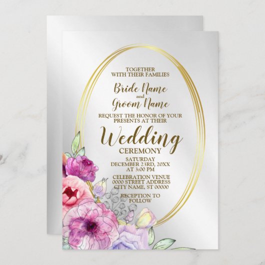 の結婚ピンクカラフルフローラゴールデンフレームエレガント 招待状 (正面/裏面)