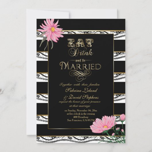 の結婚ピンクメンズブラックレース白ストライプ色 招待状 (正面)