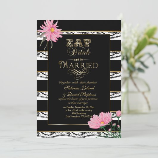 の結婚ピンクメンズブラックレース白ストライプ色 招待状 (スタンド正面)