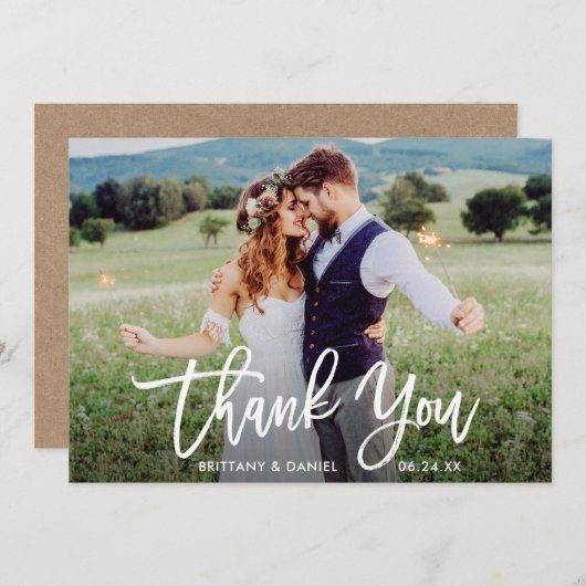 の結婚フォトブラシスクリプトクラフトサンキューカード 招待状 (正面/裏面)