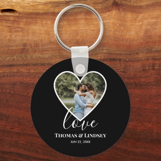 の結婚フォトブラックハートフレーム書モダン跡 キーホルダー (正面)