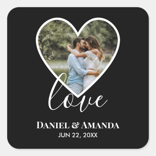 の結婚フォトブラックハートフレーム書モダン跡 スクエアシール (正面)
