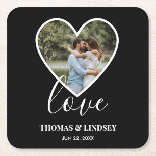 の結婚フォトブラックハートフレーム書モダン跡 スクエアペーパーコースター