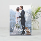 の結婚フォトブルー木材サンキューカード 招待状 (スタンド正面)