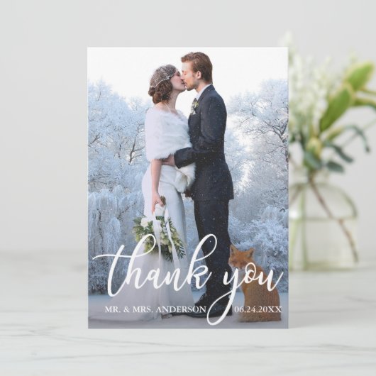 の結婚フォトブルー木材サンキューカード 招待状 (スタンド正面)