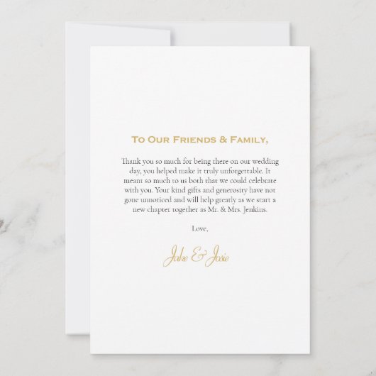 の結婚フォトホワイトのグラデーション、金ゴールドスクリプ結婚ト サンキューカード (裏面)