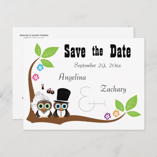 の結婚フクロウの花嫁と花婿が日付を保存 案内ポストカード (正面/裏面)