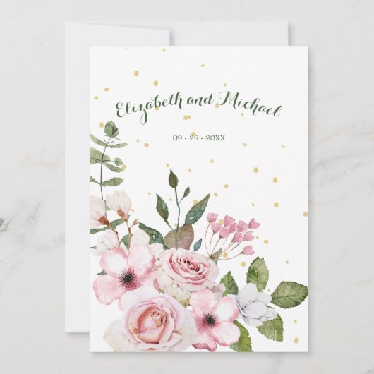 の結婚フローラエレガントの葉ピンク色の緑 招待状 (裏面)