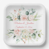 の結婚フローラエレガントピンクのシックな日付スクリプト ペーパープレート (正面)