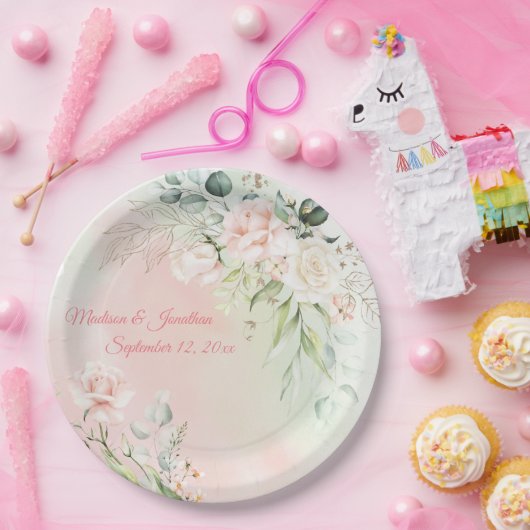 の結婚フローラエレガントピンクのシックガーリースクリプト名 ペーパープレート (パーティー)